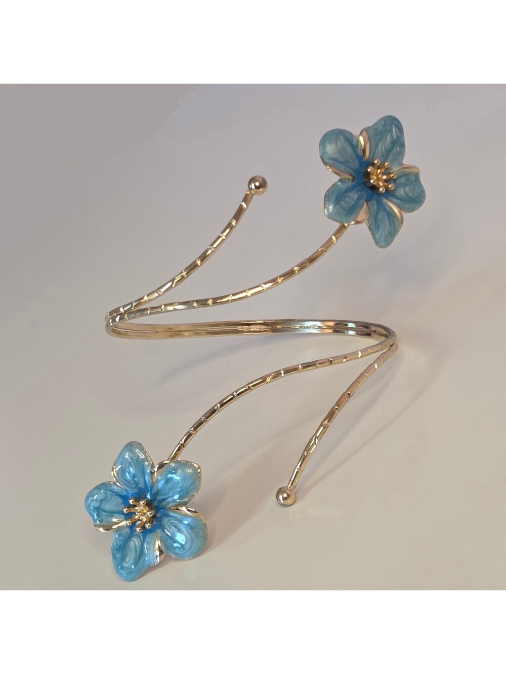 Gold Tone Blue Floral Arm Cuff Armlet Fairy Cottage Whimsical Beach